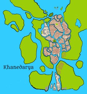 A rough map of the city of Khanedarya, covering several small islands