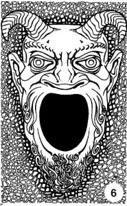 Face of a horned gargoyle, wide open mouth jet black, From "Tomb of Horrors"